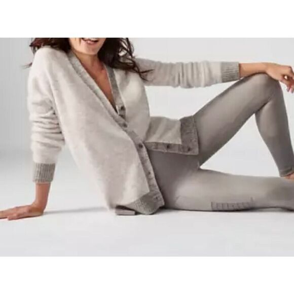 ATHLETA Westlake Cardigan Sweater size Small Petite Merino Wool Bland Cream Gray - Picture 3 of 12